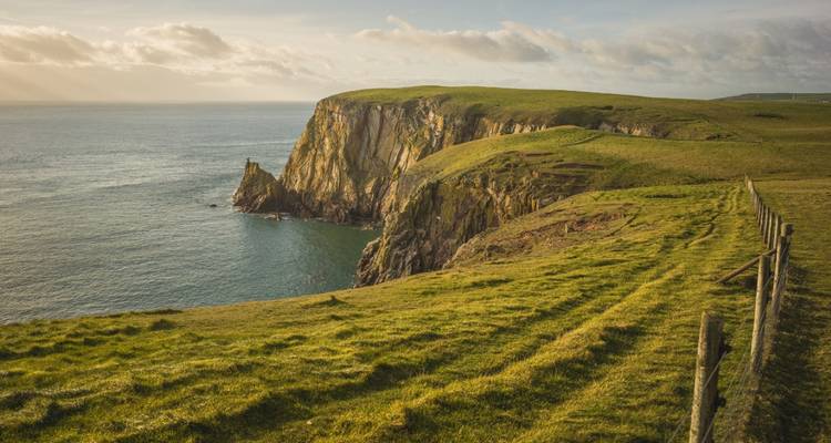 Kliffen langs een groen kustpad met uitzicht op de oceaan.