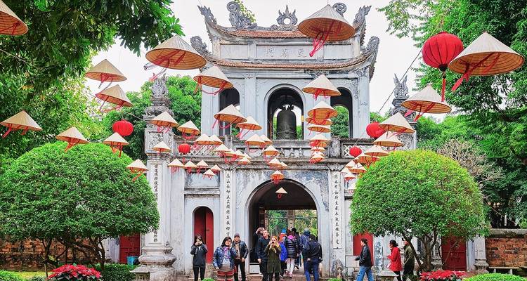 Temple of Literature entrance decorated with red lanterns in Hanoi.