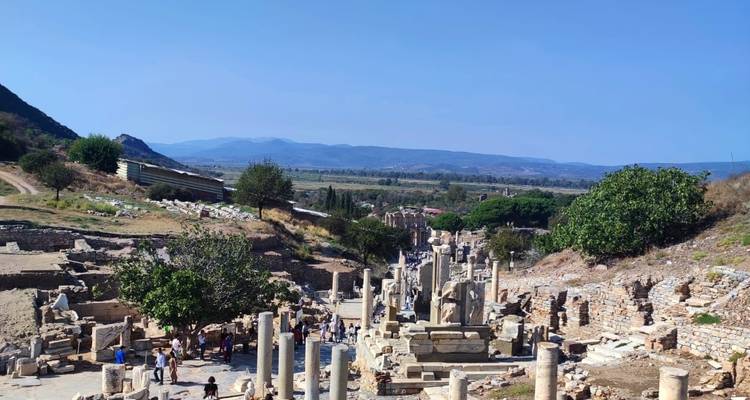 Ruins of an ancient city with columns and pathways.