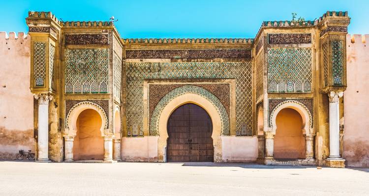 Ornamental verziertes Tor mit kunstvollen Mustern in historischer Umgebung.