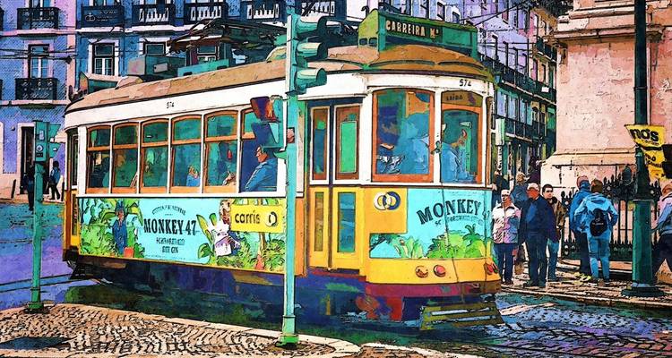 Illustration einer Straßenbahn mit Fahrgästen in einer Stadt.