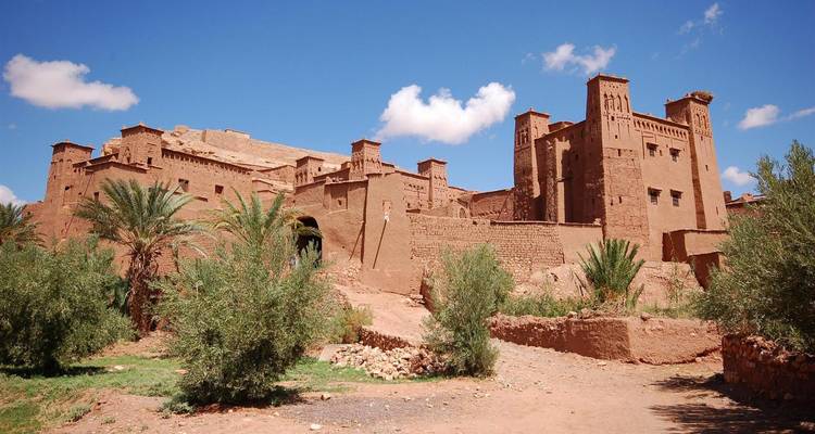 Una majestuosa fortaleza antigua con altos muros de adobe y palmeras que la rodean.