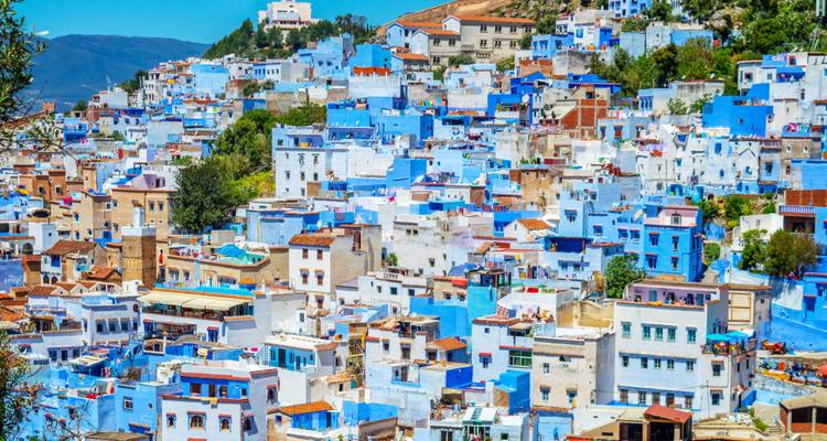 Un paisaje urbano con edificios pintados de azul extendiéndose por una ladera.