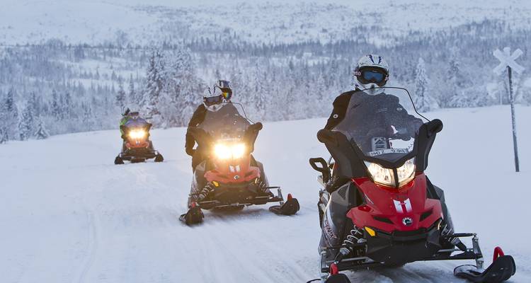 Mensen die op sneeuwscooters rijden in een besneeuwd landschap.