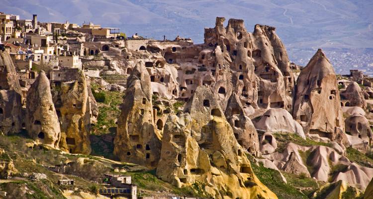 Cliff with ancient structures and panoramic views in Pergamum.