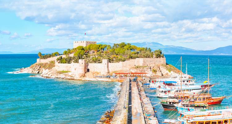 Aerial view of a coastal city with a port and cruise ships.