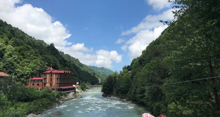 Rivier geflankeerd door bomen en gebouwen onder een blauwe hemel.