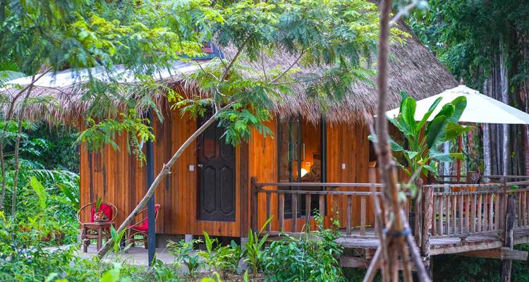 Encantador bungalow de madera con techo de paja acurrucado en un exuberante jardín de la selva