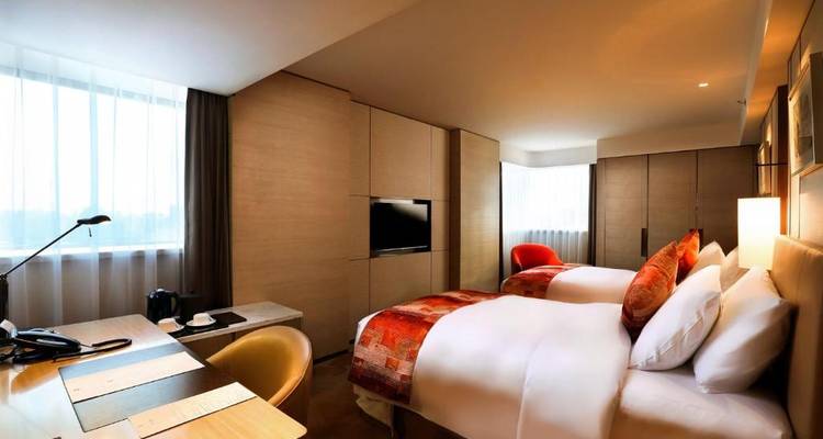 Cozy hotel room with two beds, a TV, and light entering through large windows.