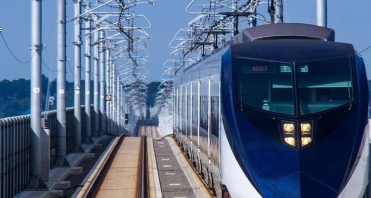 Hochgeschwindigkeitszug auf einer erhöhten Strecke.