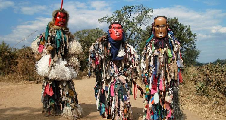 Traditional dancers in colorful costumes with masks.