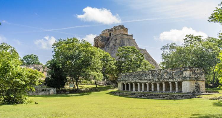 Antigua pirámide maya y largo palacio con columnata de Uxmal rodeado de césped verde y árboles.