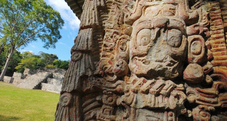 Nahaufnahme einer aufwändig geschnitzten Maya-Steinsteele mit Ruinen und blauem Himmel im Hintergrund