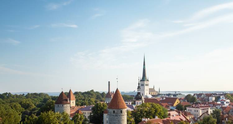 Vue panoramique de la vieille ville de Tallinn avec ses tours médiévales et le clocher de l'église Sainte-Olaf dominant les toits rouges.