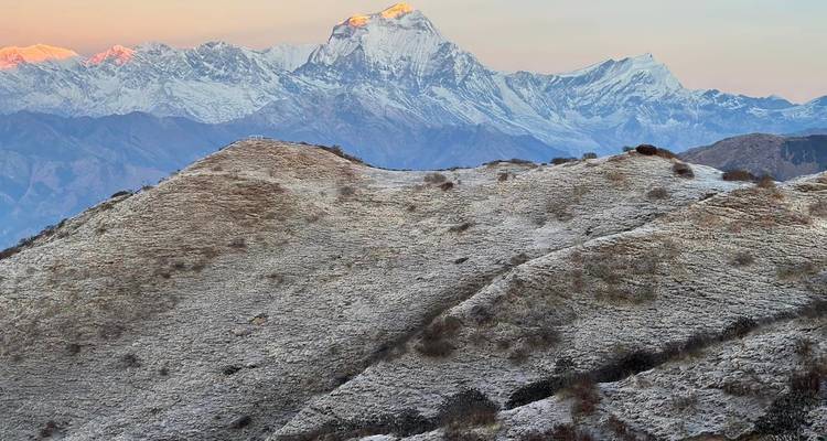 Undulating landscape with a distant view of snow-capped mountains.