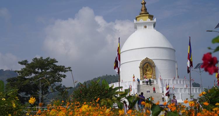 Eine Stupa, umgeben von leuchtenden Blumen und Besuchern.