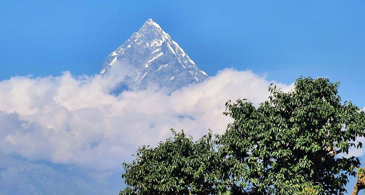 Ein schneebedeckter Berggipfel, der durch die Wolken hervorkommt.