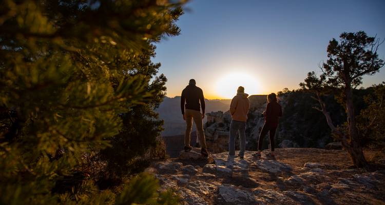Tres viajeros recortados contra el sol naciente en un mirador de cañón rocoso rodeado de pinos.