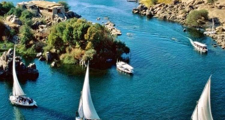 Les felouques traditionnelles aux voiles blanches glissent sur un large méandre du Nil autour d'une île luxuriante