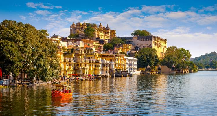 Udaipur cityscape with lakeside architecture.