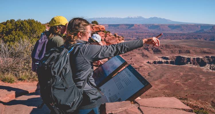 Personas mirando un cañón desde un mirador.