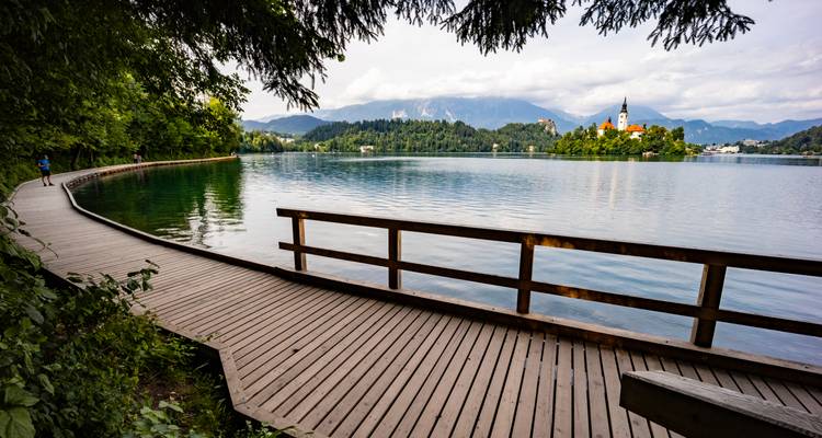 A curved lakeside boardwalk shaded by trees leads towards the distant island church of Lake Bled.