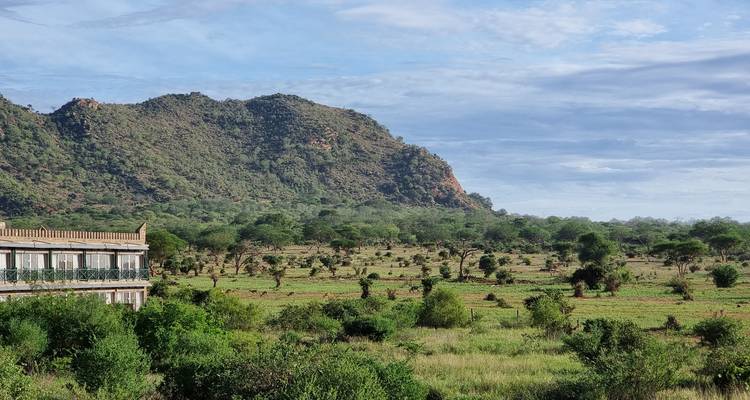Landscape with greenery and a hillside near a lodge.