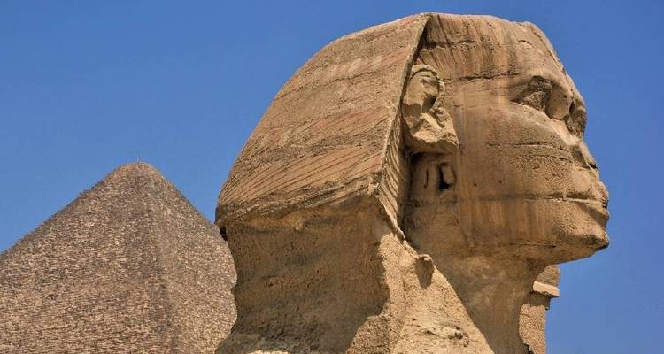 Close-up view of the Great Sphinx of Giza.