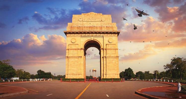 India Gate met vogels die eromheen vliegen in New Delhi.