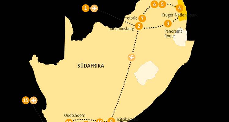 Karte mit verschiedenen Orten und Routen quer durch Südafrika.