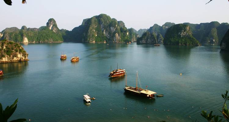 Las aguas esmeralda e islas de piedra caliza de la Bahía de Halong salpicadas de barcos de madera tradicionales.