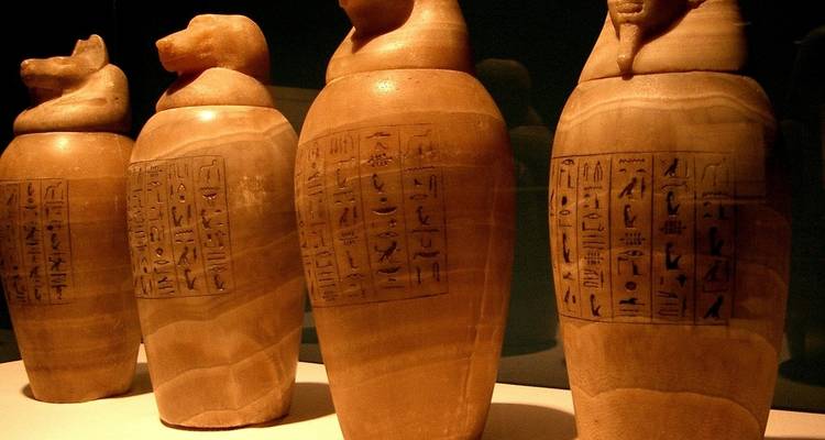 Close-up of ancient Egyptian canopic jars.