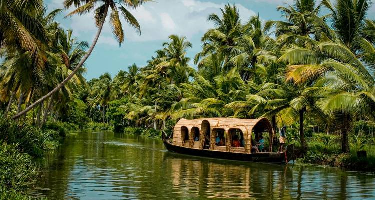 Traditional wooden houseboat cruising the palm-lined backwaters of Alleppey.