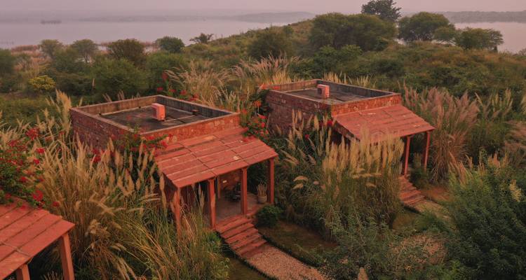 Dos acogedoras cabañas rústicas rodeadas de pastos altos que dan vista a un lago tranquilo al amanecer.