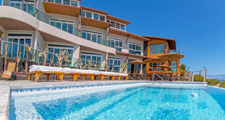 Vue ensoleillée au bord de la piscine d'un hôtel côtier moderne avec aménagement paysager de cactus et ciel bleu brillant.