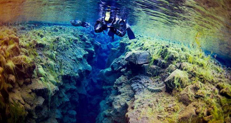Un buzo de traje seco se desliza a través de las aguas azules cristalinas de la grieta de Silfra entre paredes de roca volcánica cubiertas de musgo.