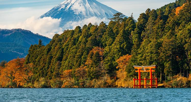 Der Berg Fuji mit einem Torii-Tor an einem See, umgeben von Wäldern.