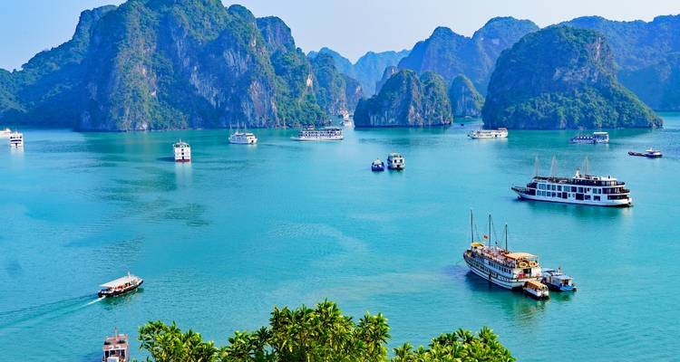 Vista panorámica de la bahía de Halong de color turquesa salpicada de barcos de crucero y karst de piedra caliza.