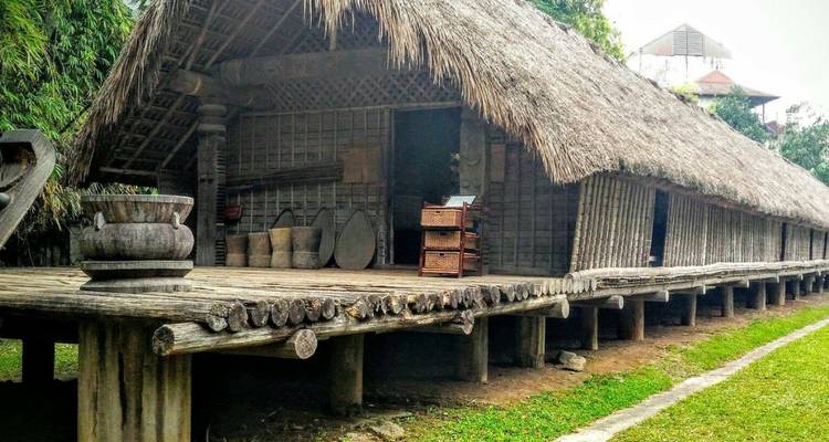 Lang traditioneel stelthuis met rieten dak tentoongesteld in een openluchtmuseum.