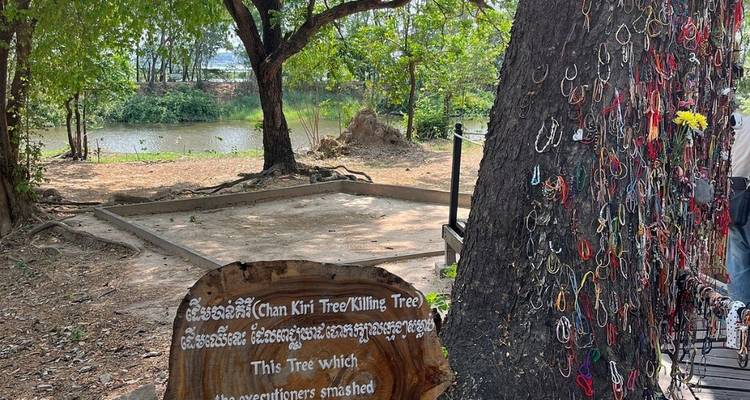 Herdenkingsboom bedekt met kleurrijke armbandjes naast een gesneden bord bij de Killing Fields vlak bij een stille vijver.