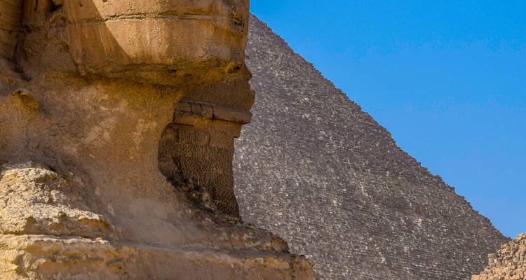 Partial view of the Sphinx side and the Pyramid of Khafre in Giza.