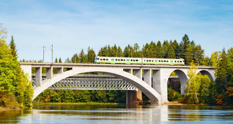 Zug überquert eine Brücke über einen von Bäumen umgebenen Fluss.