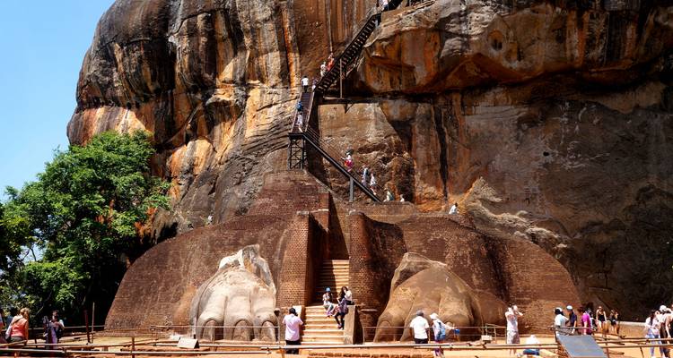 Bezoekers bij een rots die ingewikkeld is uitgesneden met olifantmotieven.