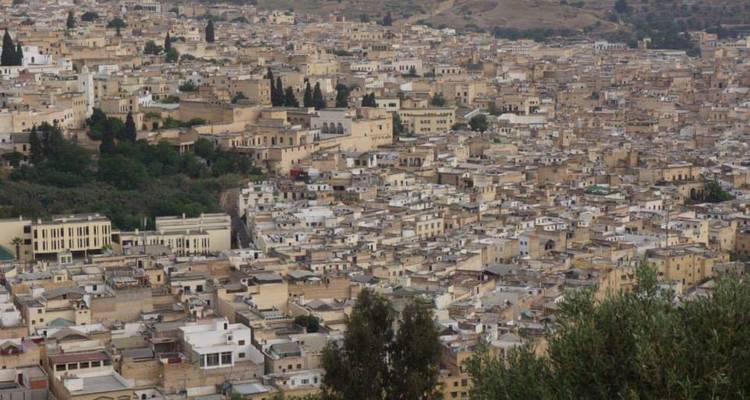 Vista panorámica sobre los tejados color canela densamente empaquetados de la antigua medina de Fez situada en un valle.