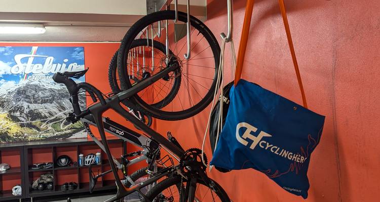 Vélo suspendu verticalement dans un espace de rangement.