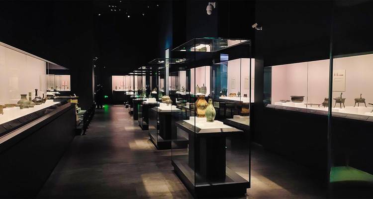 Pasillo de museo moderno con iluminación tenue, con vitrinas de cristal que exhiben artefactos antiguos en pedestales minimalistas.