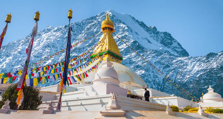 Stupa met gebedsvlaggen en besneeuwde bergen op de achtergrond.