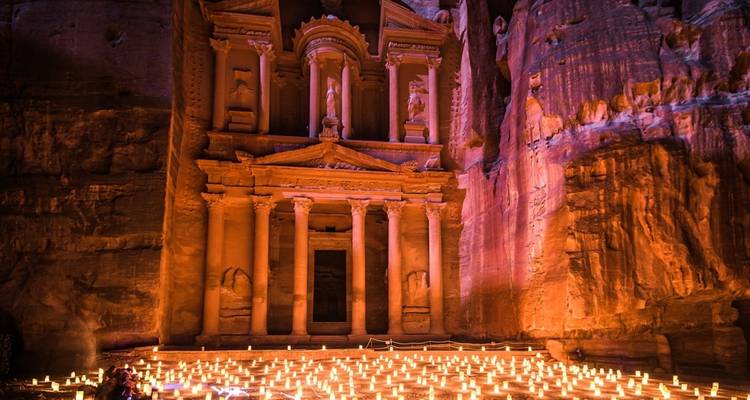 The Treasury at Petra illuminated by candlelight.
