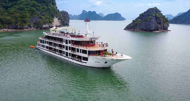 Cruise ship sailing in Halong Bay with limestone islands in the background.
