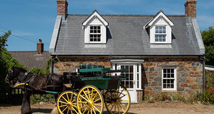 A black horse with a carriage stands beside a quaint stone cottage under a bright blue sky.